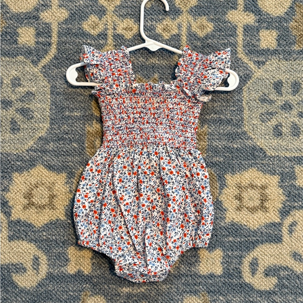 Smocked Floral Baby One-Piece Romper in Red & Blue